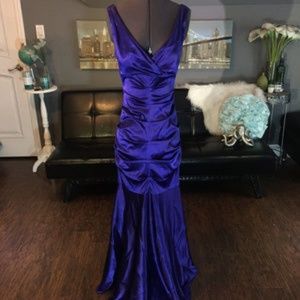Xscape ruched purple mermaid gown
